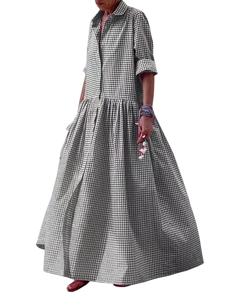 Sexyshine Women's Retro Plaid Button Down Long Sleeve Maxi